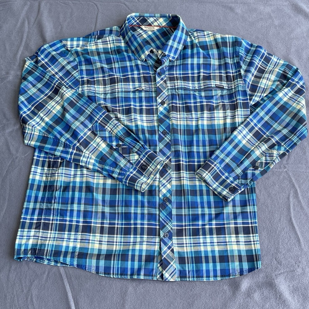 Simms Stone Cold Fishing Shirt Men XL‎ Blue Plaid Zip Pockets UPF Lens Outdoor